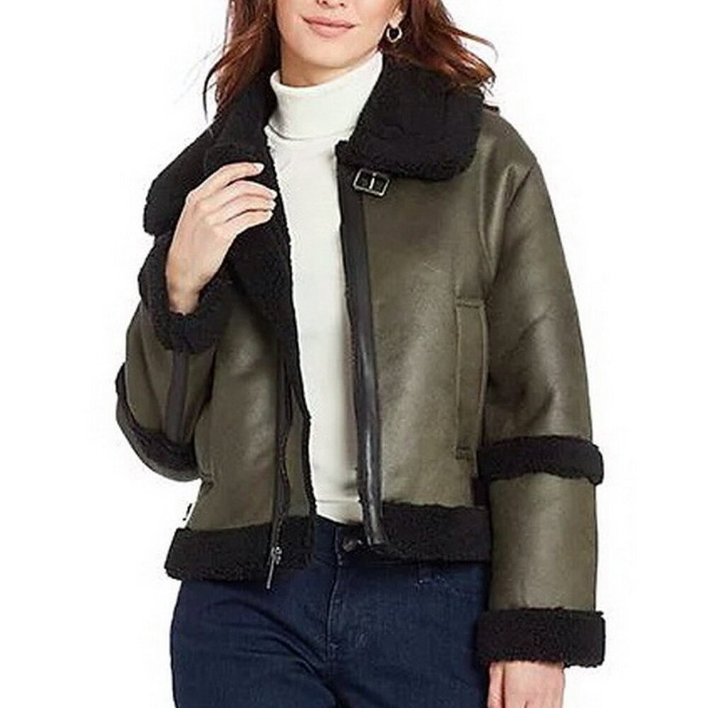 NEW Frye Water Resistant Faux Leather & Shearling Aviator Jacket Coat, Medium